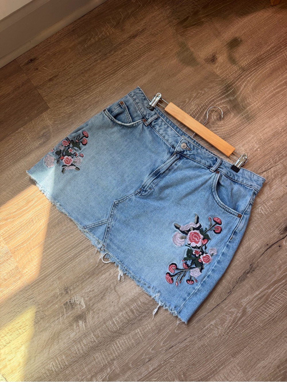 Topshop Light Blue Embroidered Denim Mini Skirt